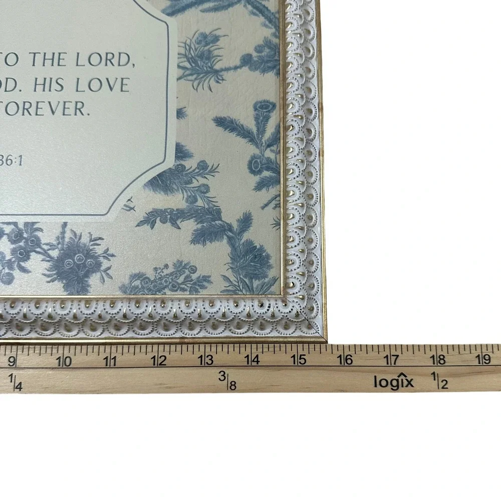 Petal Lane Home Psalm 136:1 Framed Wall Art Blue Toile Ornate White Gold 15x11